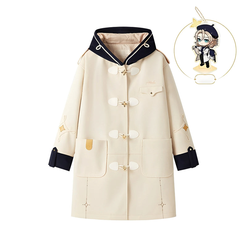 Official Genshin Impact Albedo wool coat front view on white background featuring floral metal toggles and navy hood details