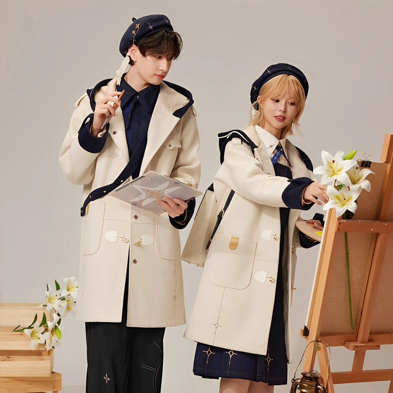 Models wearing official Genshin Impact Albedo wool coat in coordinated winter styling