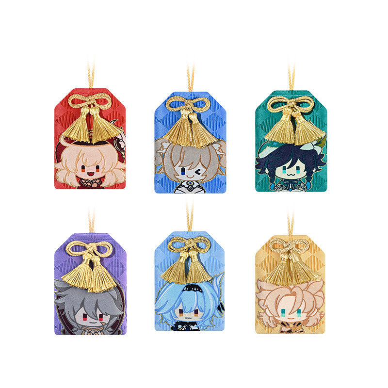 Genshin Impact amulet charm character collection featuring Zhongli Xiao Keqing Ganyu Klee and more