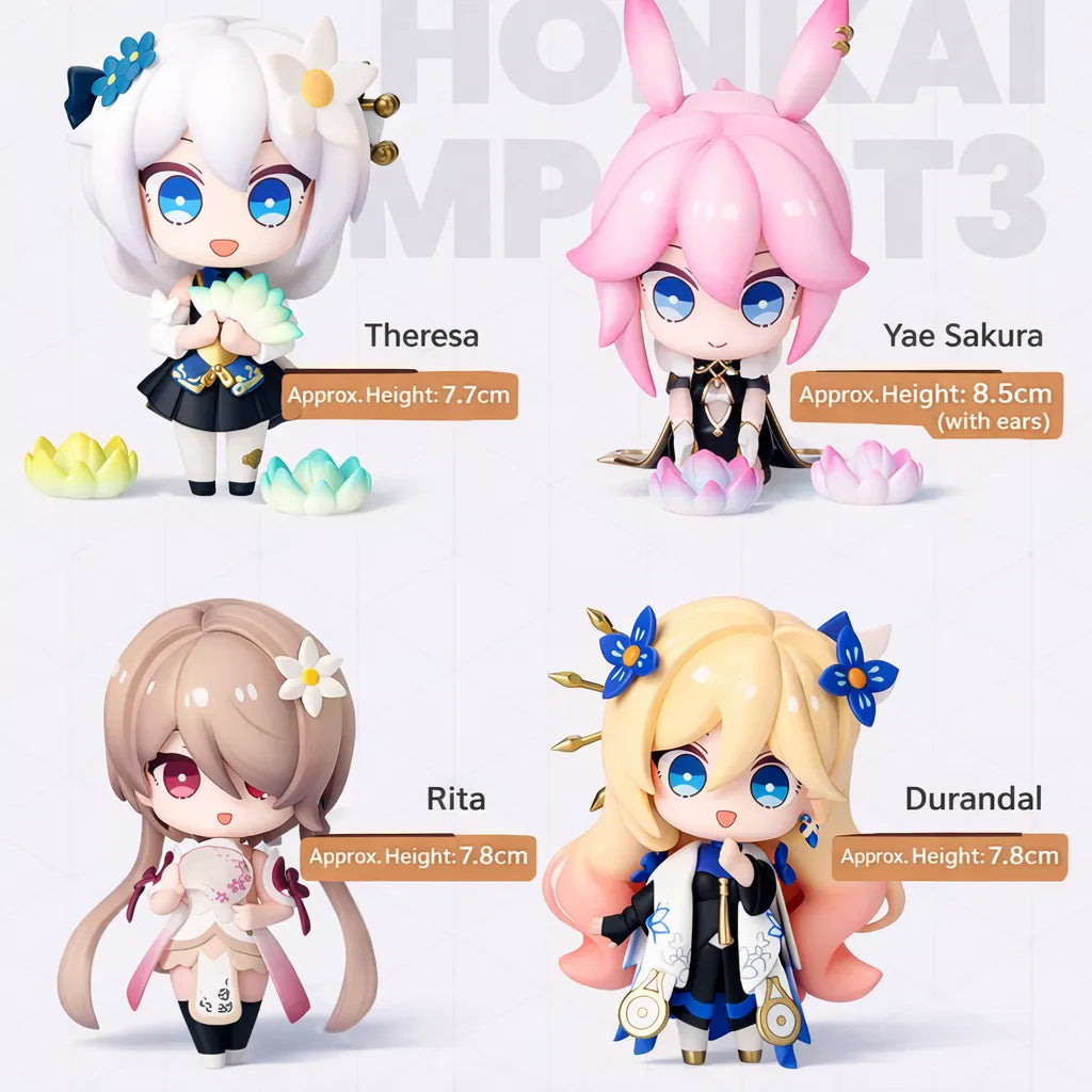 Official Honkai Impact 3 chibi capsule figure size display showing Theresa Yae Sakura Rita and Durandal