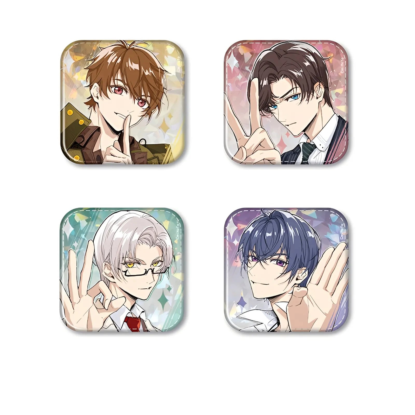Official Tears of Themis Voice Collection square badge set featuring Artem Wing, Luke Pearce, Marius von Hagen and Vyn Richter