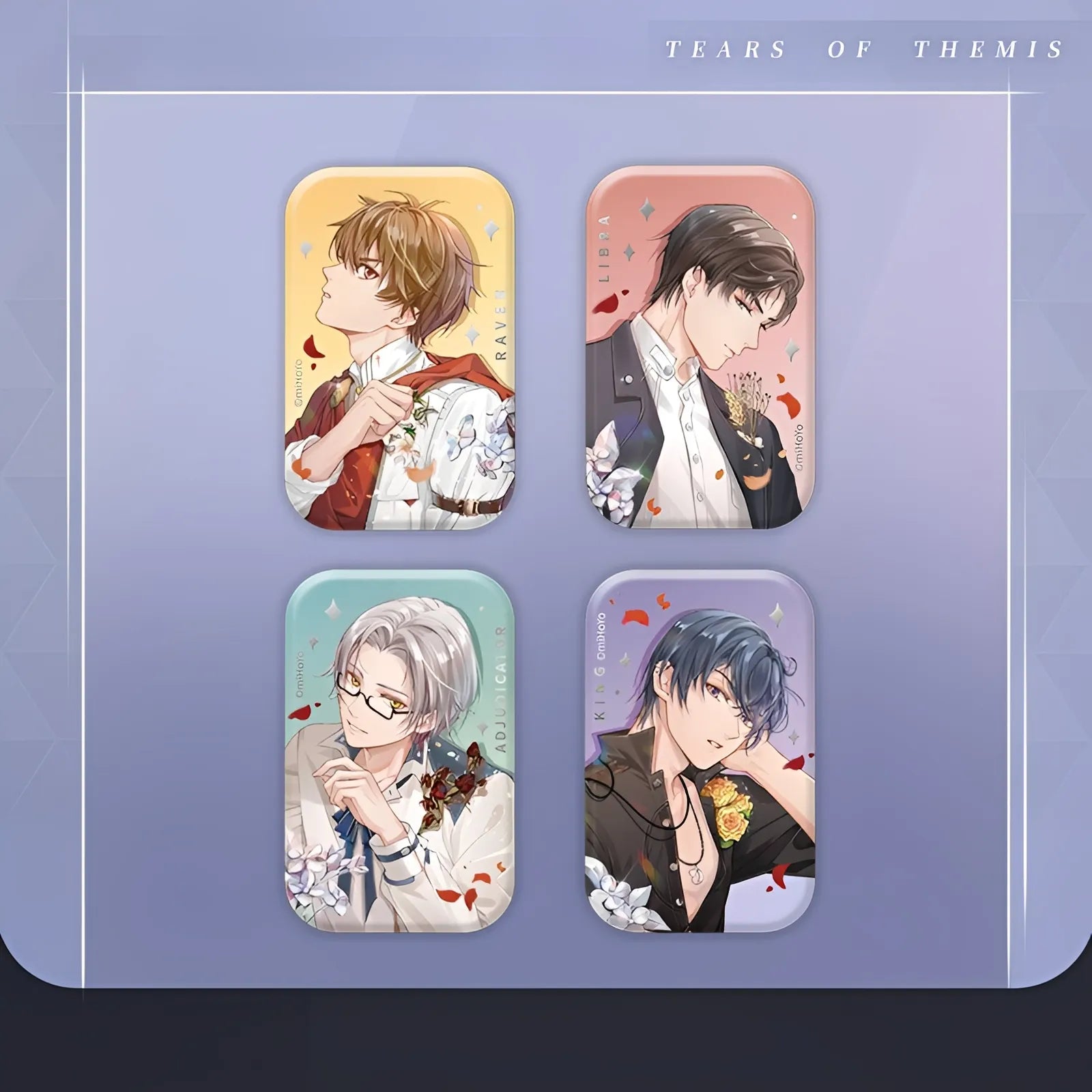 Tears of Themis Destiny Threads Series Square Tinplate Badges featuring Artem Wing Luke Pearce Marius von Hagen and Vyn Richter