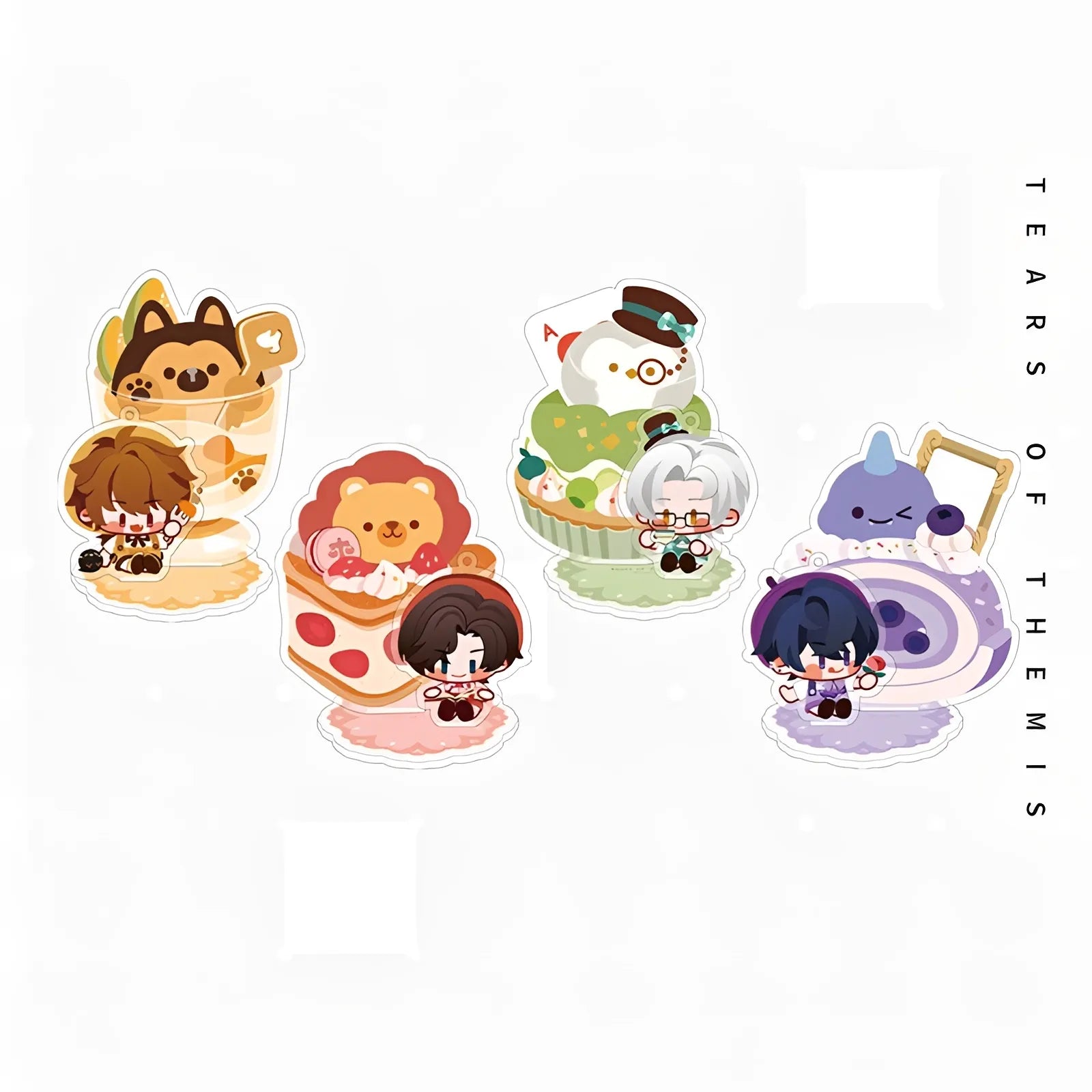 Sweet Party chibi acrylic stands featuring Artem Wing Luke Pearce Marius von Hagen and Vyn Richter from Tears of Themis