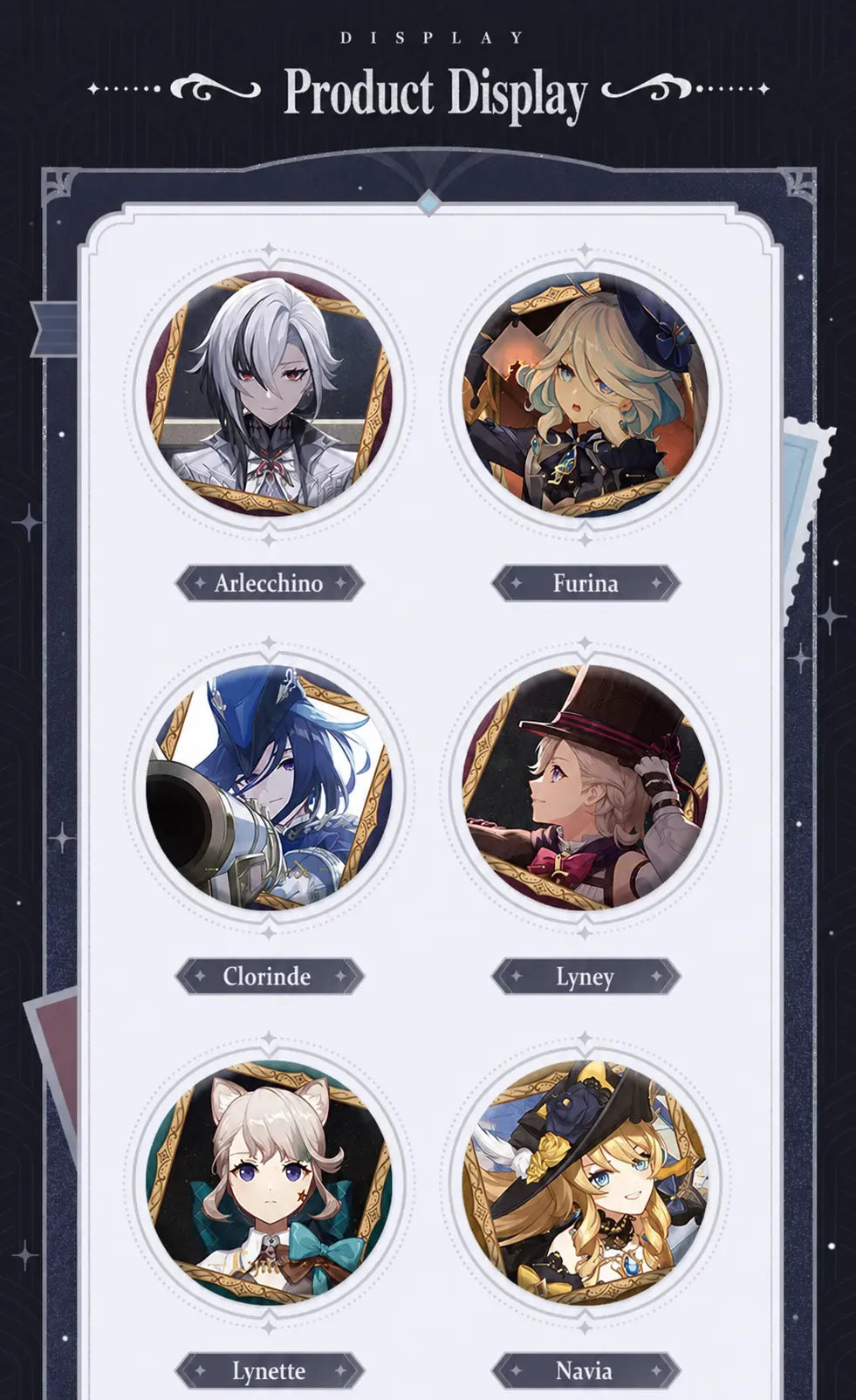 Real product photos of The Fatui Feast Series character badges