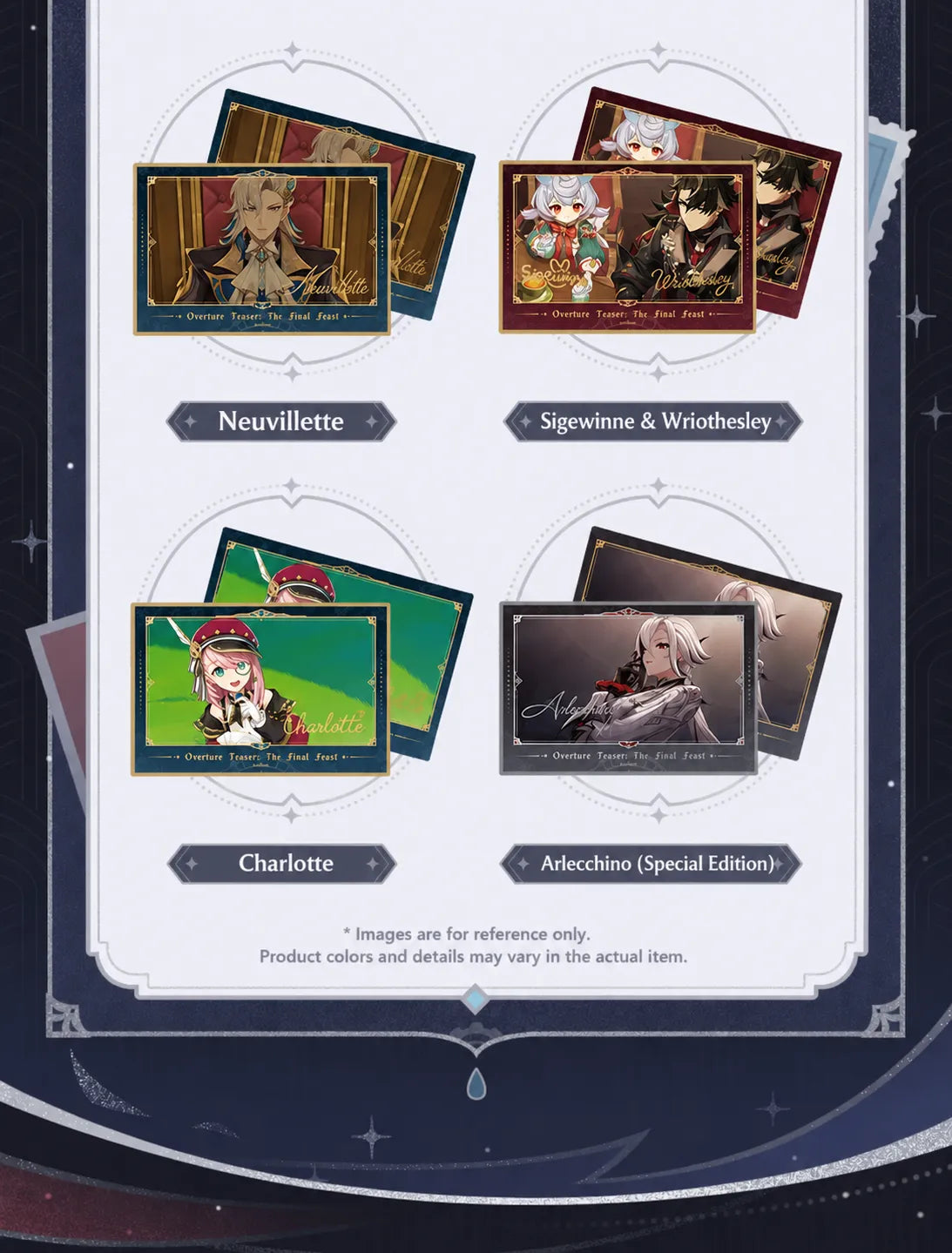 The Fatui Feast Series PET and paper collectible card artwork showcase