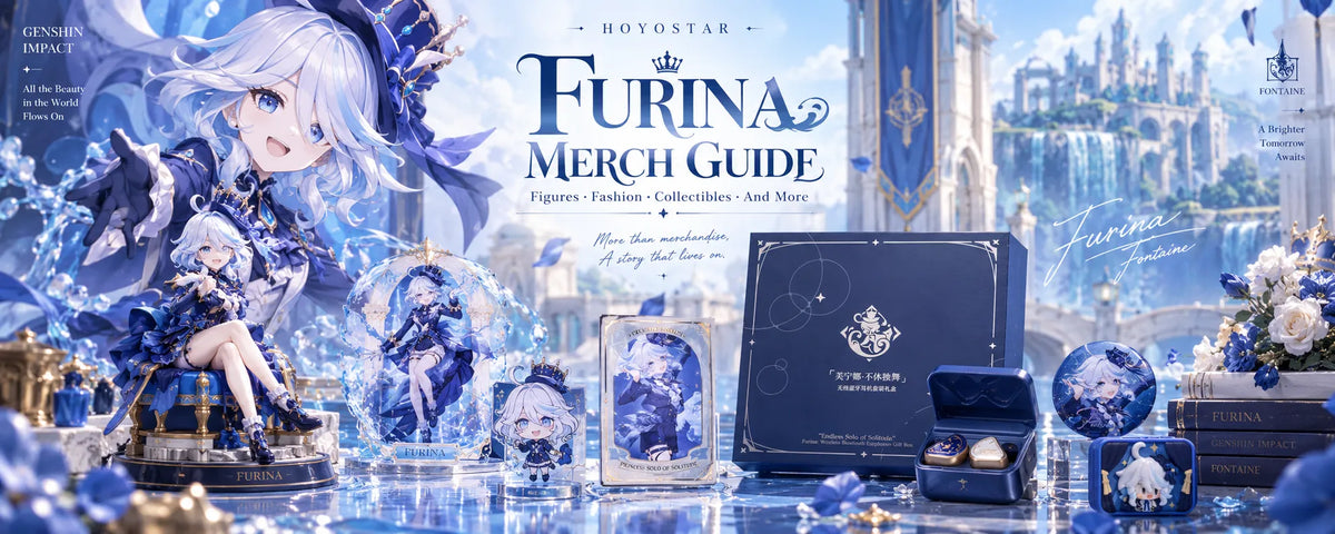 Genshin Impact Furina Merch Guide banner featuring figures, acrylic standees, collectibles, and wireless earbuds