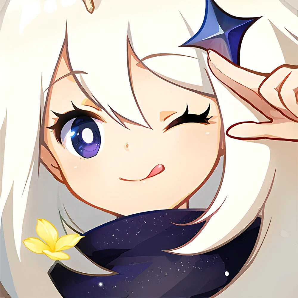 Genshin Impact Paimon character close up portrait cute expression, official merch collection image