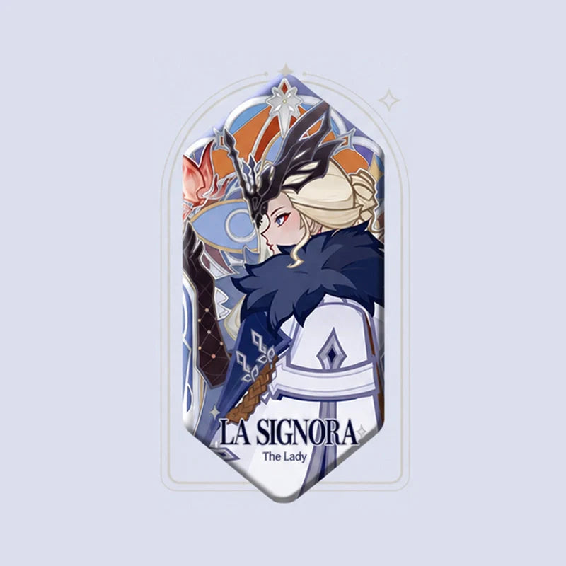 Official Genshin Impact La Signora merch collection featuring figures plush dolls acrylic stands badges keychains apparel and collectibles