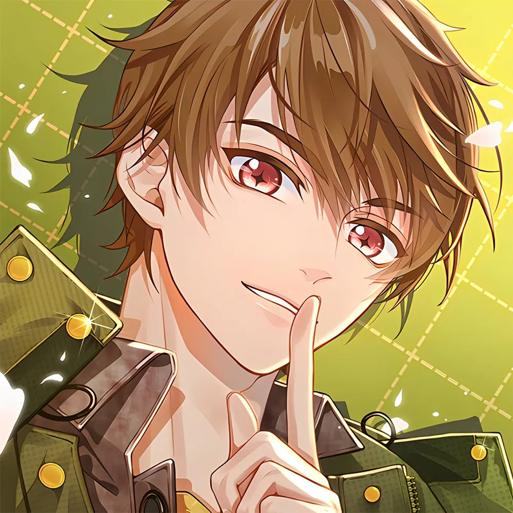 Tears of Themis Luke Pearce character illustration close up portrait, brown hair red eyes, official merchandise artwork style