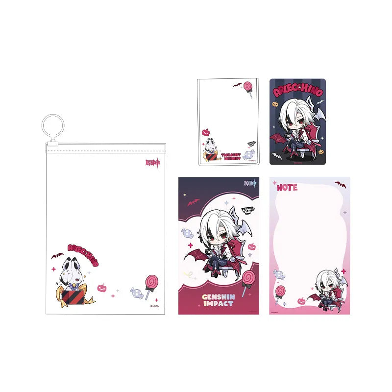Genshin Impact Arlecchino Immernachtreich Reverie Series stationery gift set featuring themed notebook card set zipper pouch and character card