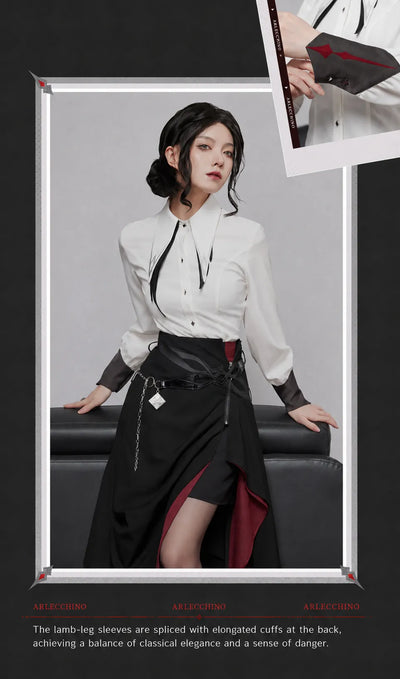 Arlecchino themed shirt model fit and front collar detail display