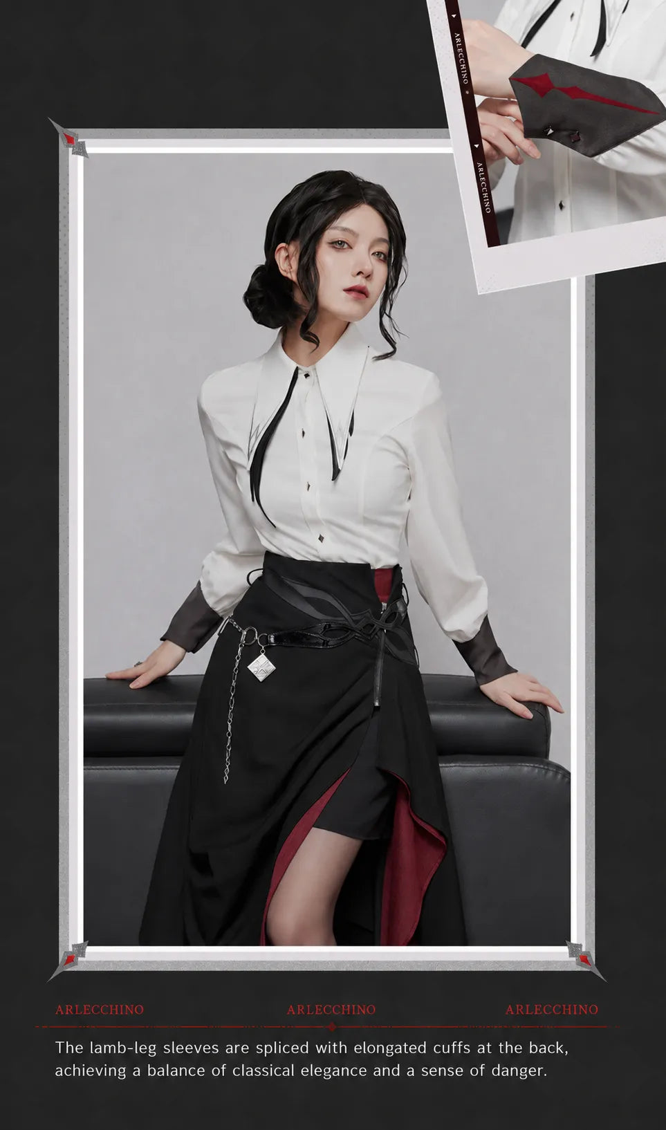 Arlecchino themed shirt model fit and front collar detail display