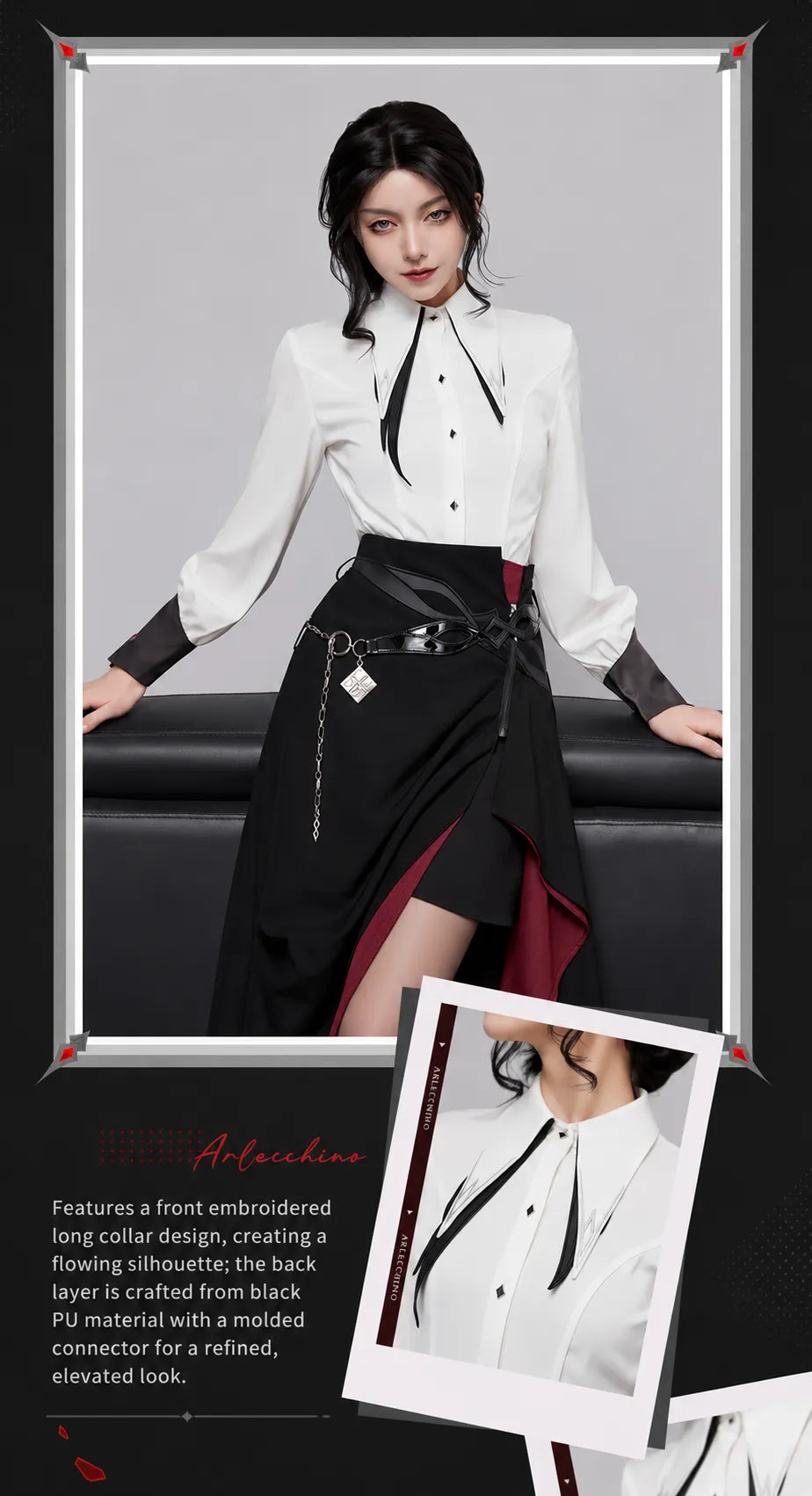 Arlecchino themed lace-up waist shirt front and back product display