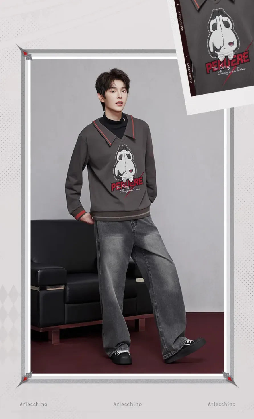Arlecchino themed layered sweatshirt collar and neckline detail display