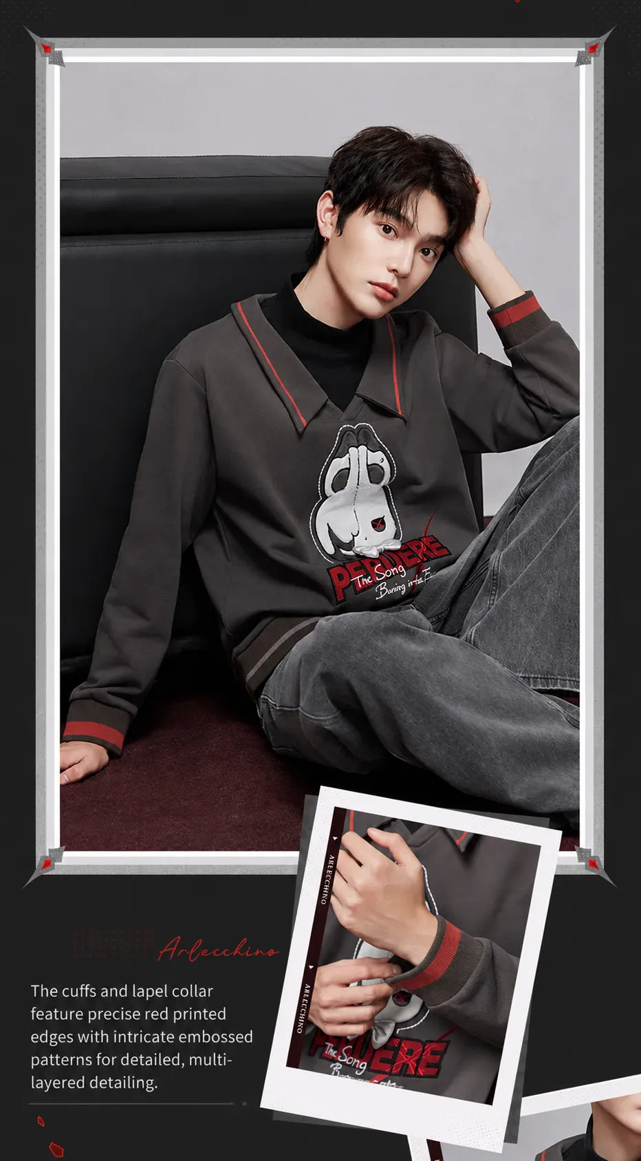 Genshin Impact Arlecchino themed sweatshirt design and construction details
