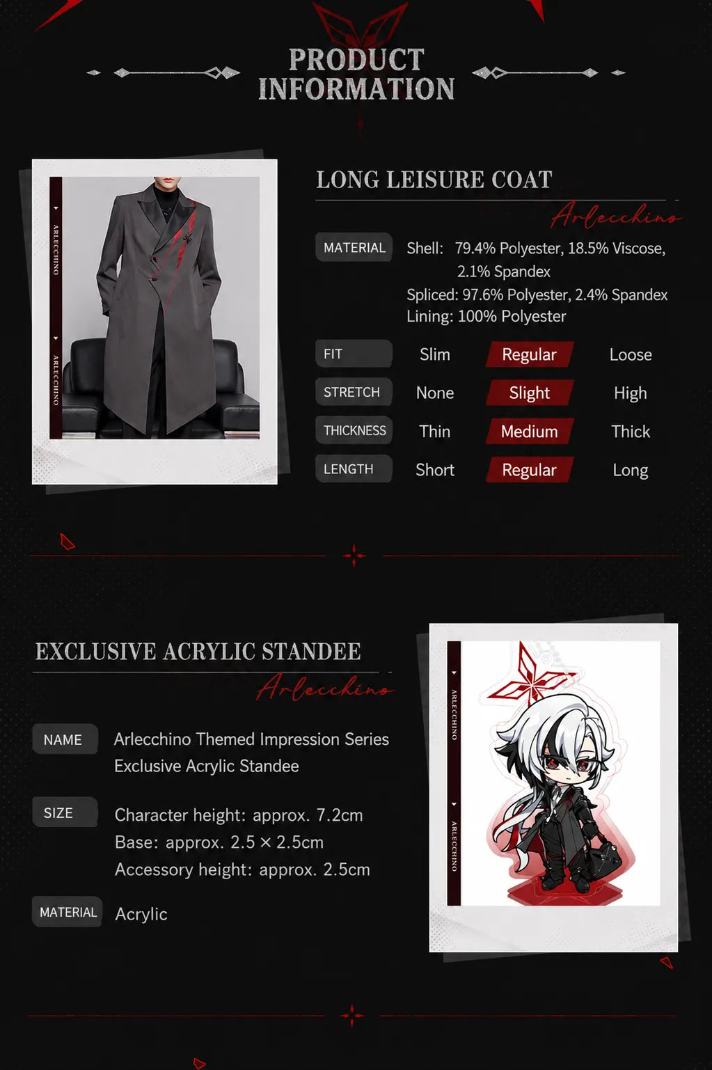 Arlecchino themed long coat model display and tailored waist details