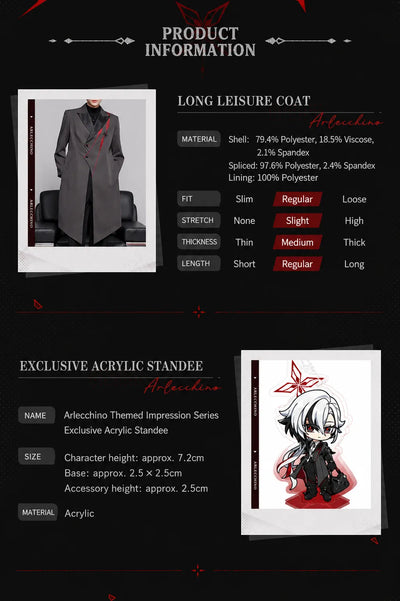 Arlecchino themed long coat model display and tailored waist details