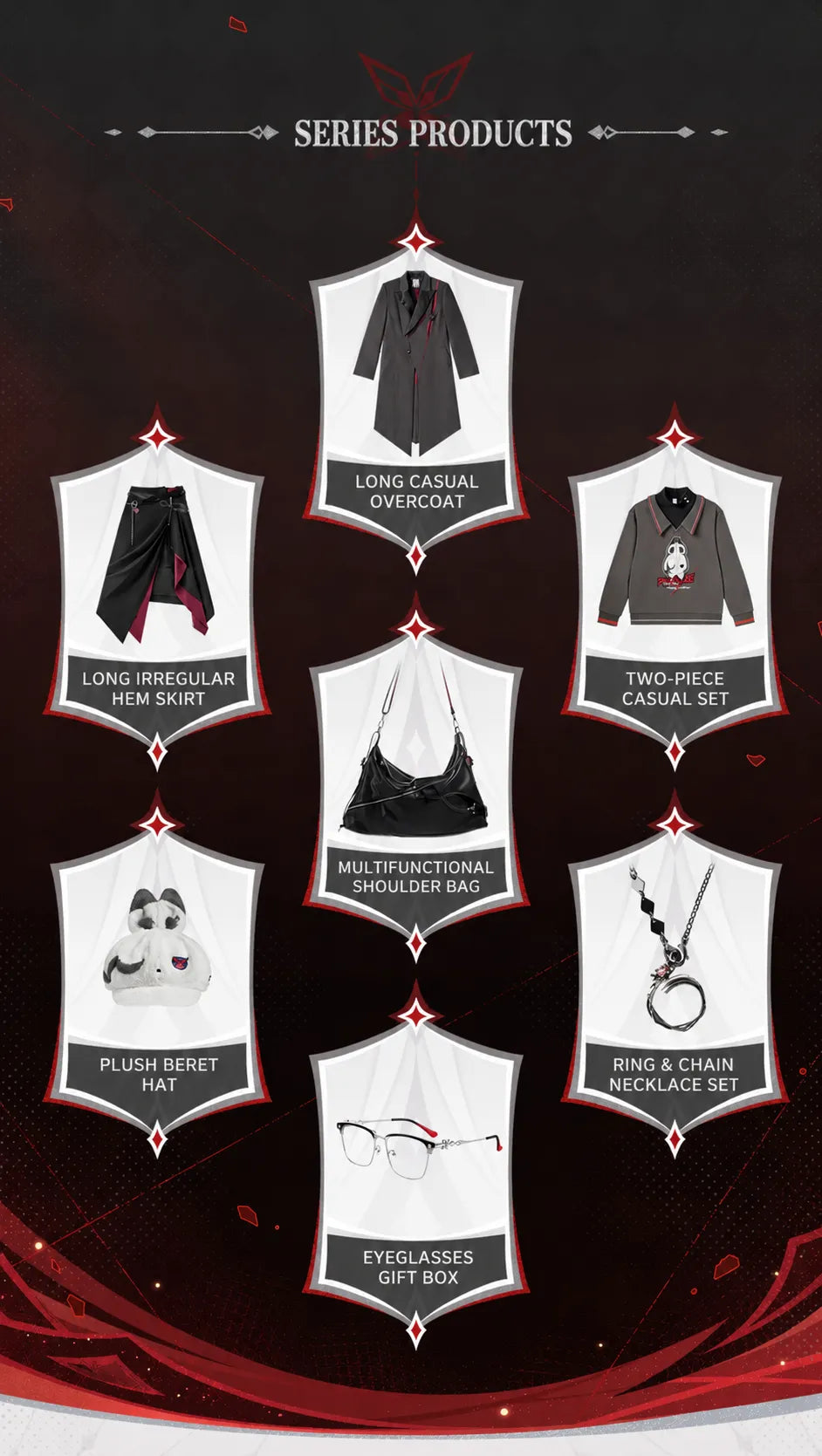 Arlecchino themed long coat black satin lapel and embroidery details