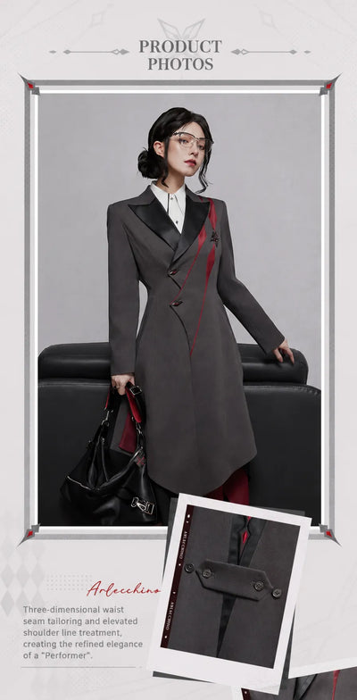 Arlecchino themed long coat decorative brooch and dark red accent details