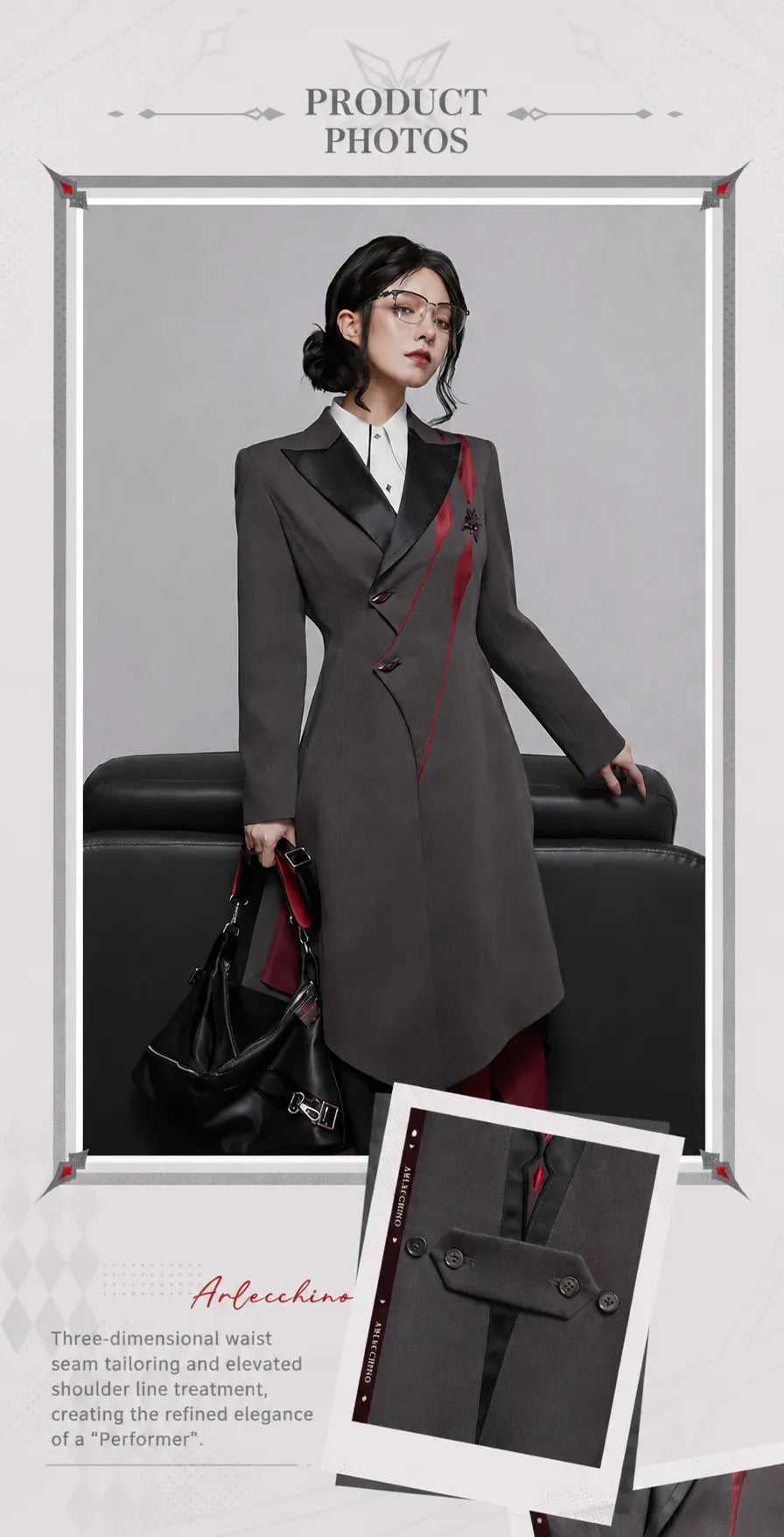 Arlecchino themed long coat decorative brooch and dark red accent details