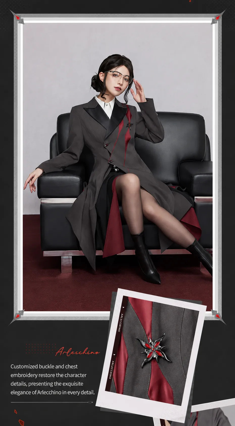 Arlecchino themed long coat front and back product display