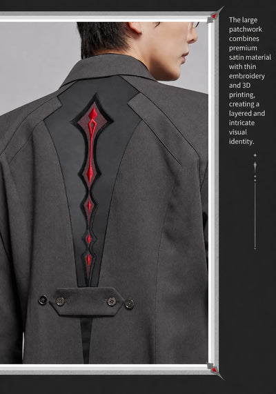 Arlecchino themed charcoal long coat asymmetrical front construction