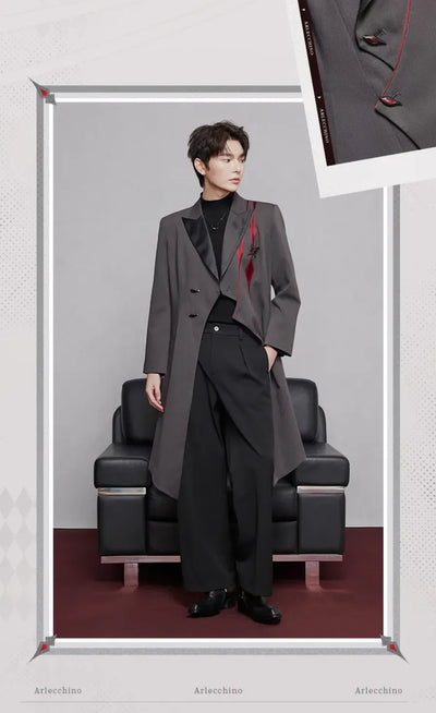 Arlecchino themed long coat structured shoulder and tailored silhouette