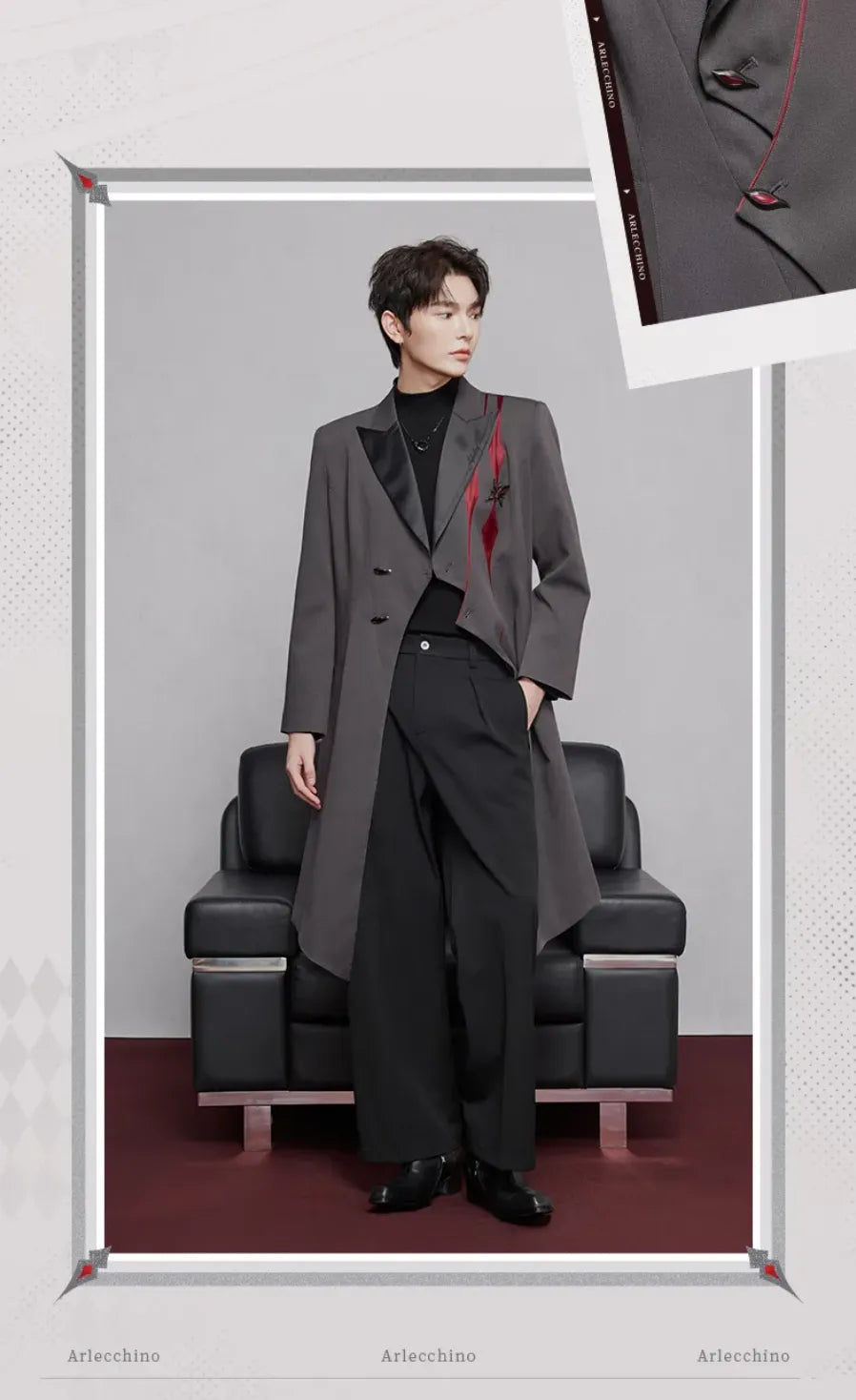 Arlecchino themed long coat structured shoulder and tailored silhouette