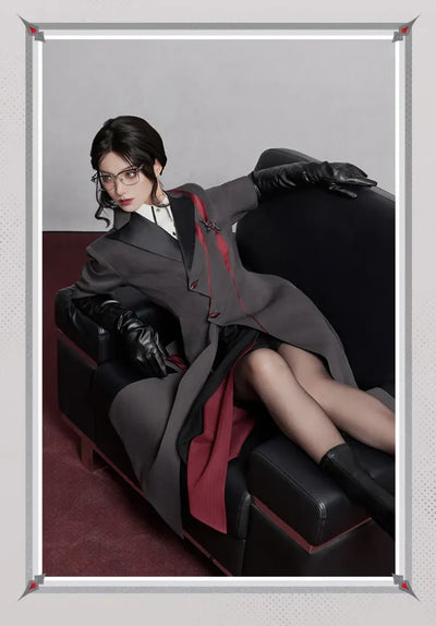 Arlecchino themed long coat dark red lining and layered design