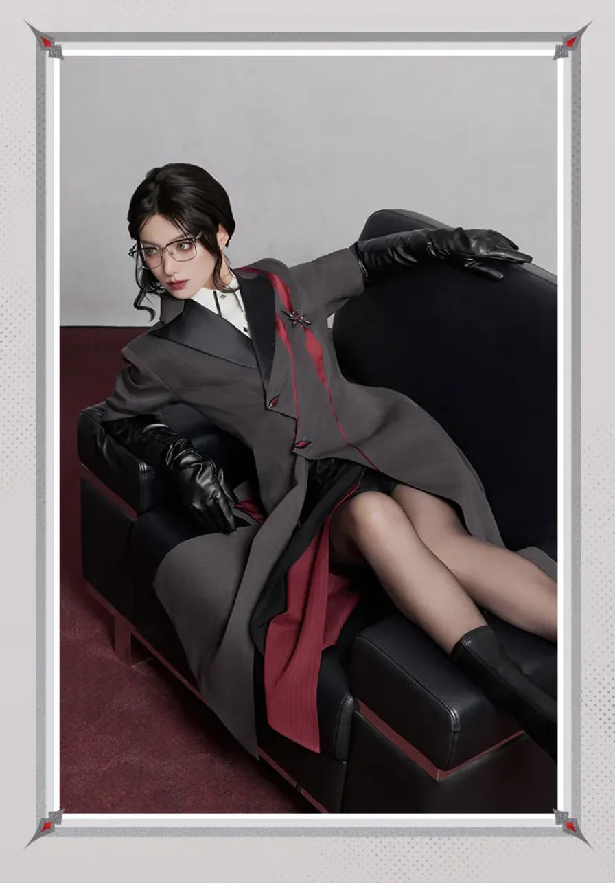 Arlecchino themed long coat dark red lining and layered design
