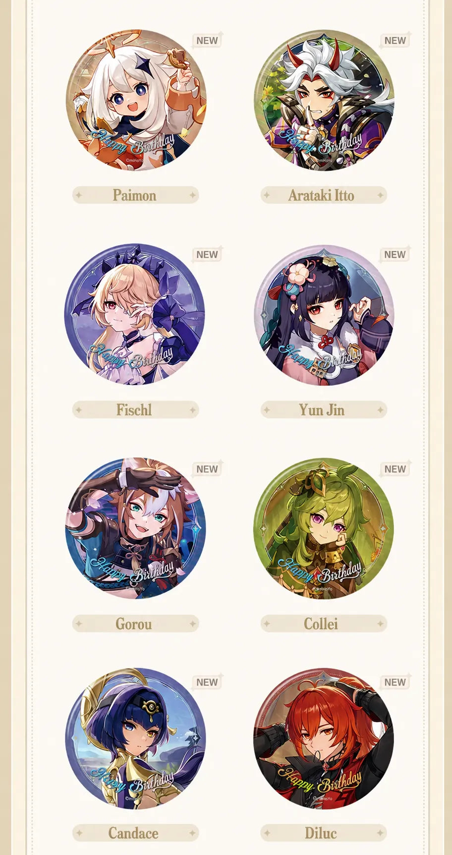 Genshin Impact Character Birthday Badge Collection Display