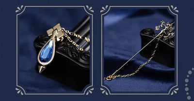 Flat display of Furina themed brooch and chain accessories
