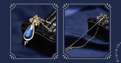 Flat display of Furina themed brooch and chain accessories