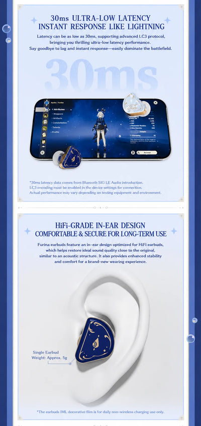 Furina earbuds noise cancellation and long battery life features