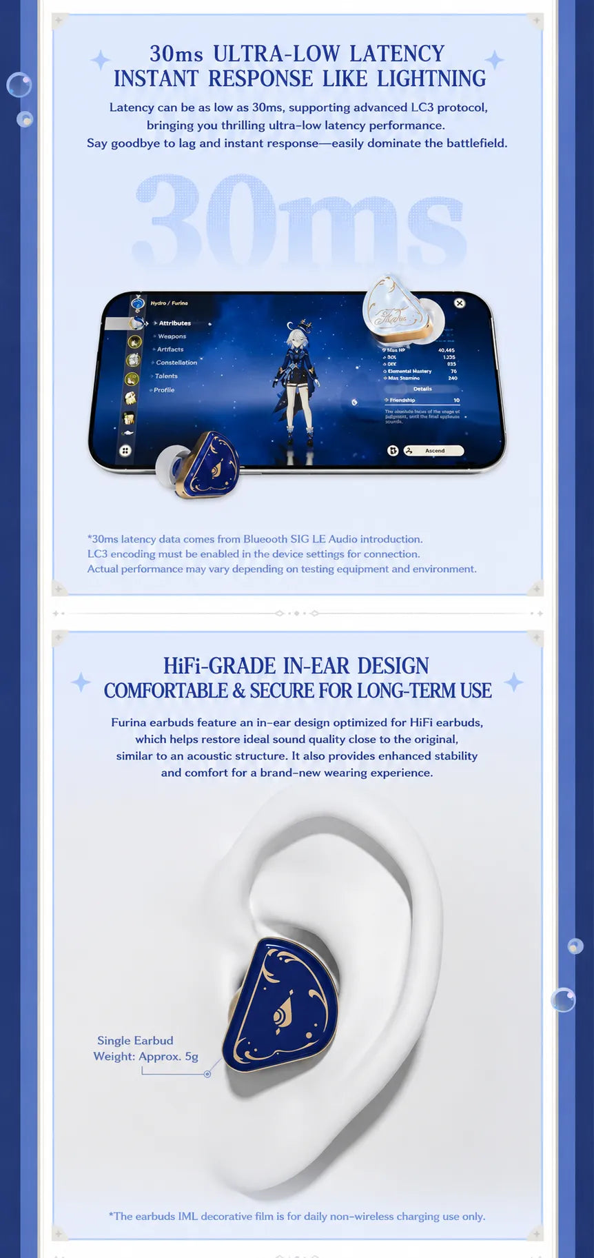 Furina earbuds noise cancellation and long battery life features