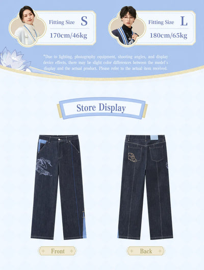 Genshin Impact Ganyu denim jeans embroidery cloud pattern detail design