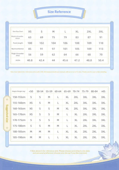 Genshin Impact Ganyu denim jeans size chart measurements model fitting S and L reference