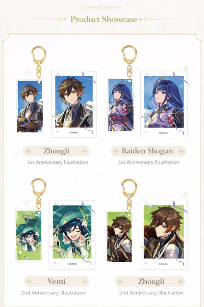 Genshin Impact 2nd Anniversary keychain and photo set Venti Zhongli Raiden Shogun Nahida
