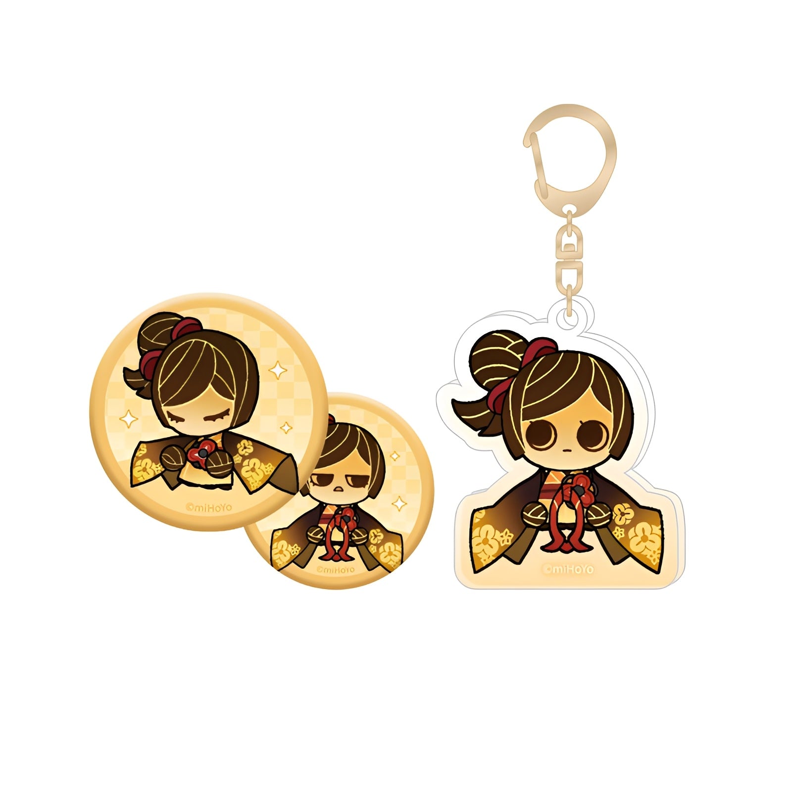 Genshin Impact Chiori Sleeve Series lenticular badge and acrylic keychain collection featuring chibi design