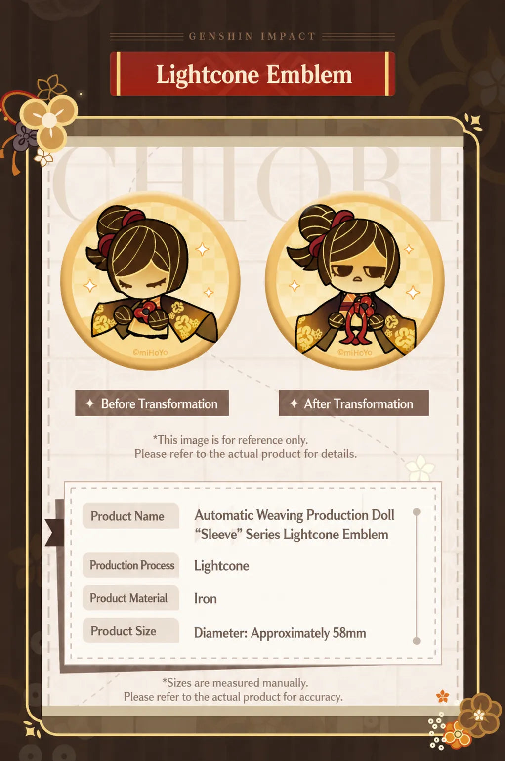 Genshin Impact Chiori Sleeve Series product details overview including badge and keychain