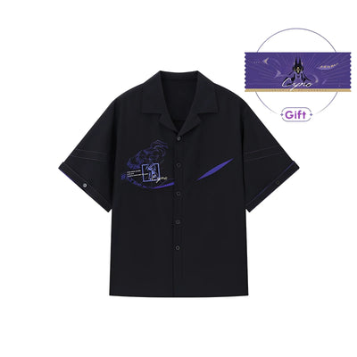 genshin impact cyno short sleeve shirt front view black loose fit product flat lay