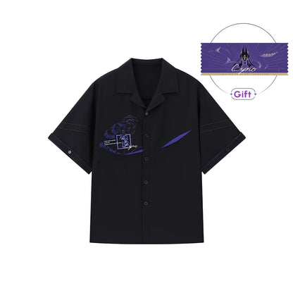 genshin impact cyno short sleeve shirt front view black loose fit product flat lay