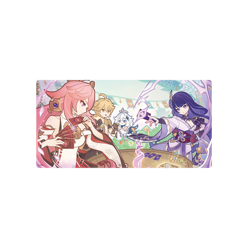 Genshin Impact Genius Invokation TCG mouse pad Shadowplay Cup Open design featuring Yae Miko Raiden Shogun Aether and Paimon