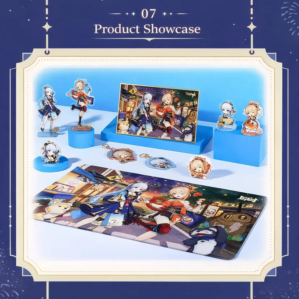 Genshin Impact Hues of Celebration product size details mousepad stand badge keychain