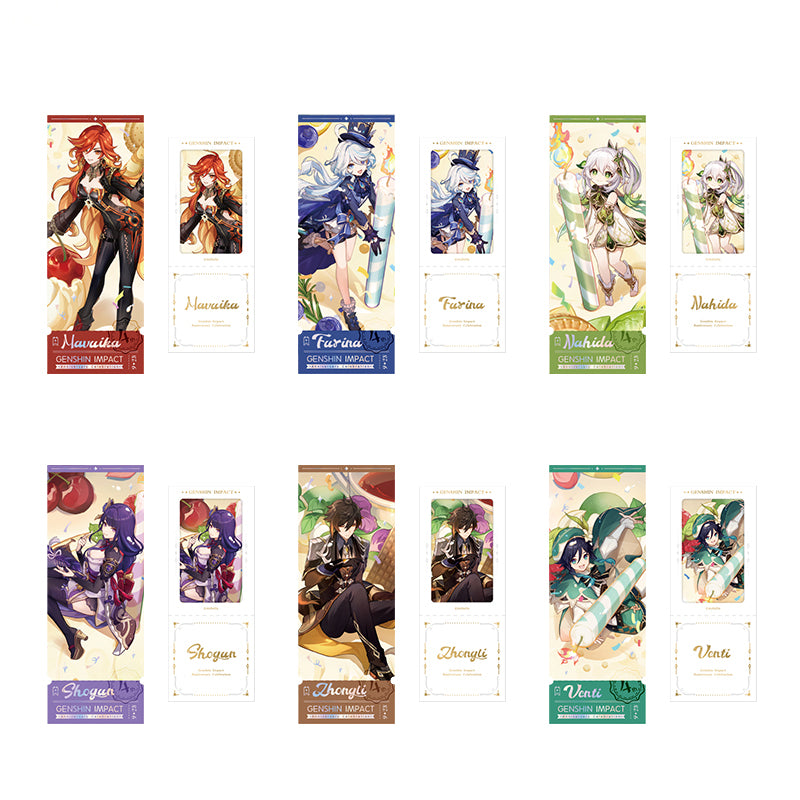 Genshin 4th Anniversary character commemorative ticket set featuring Venti Zhongli Raiden Shogun Nahida Furina and Mavuika