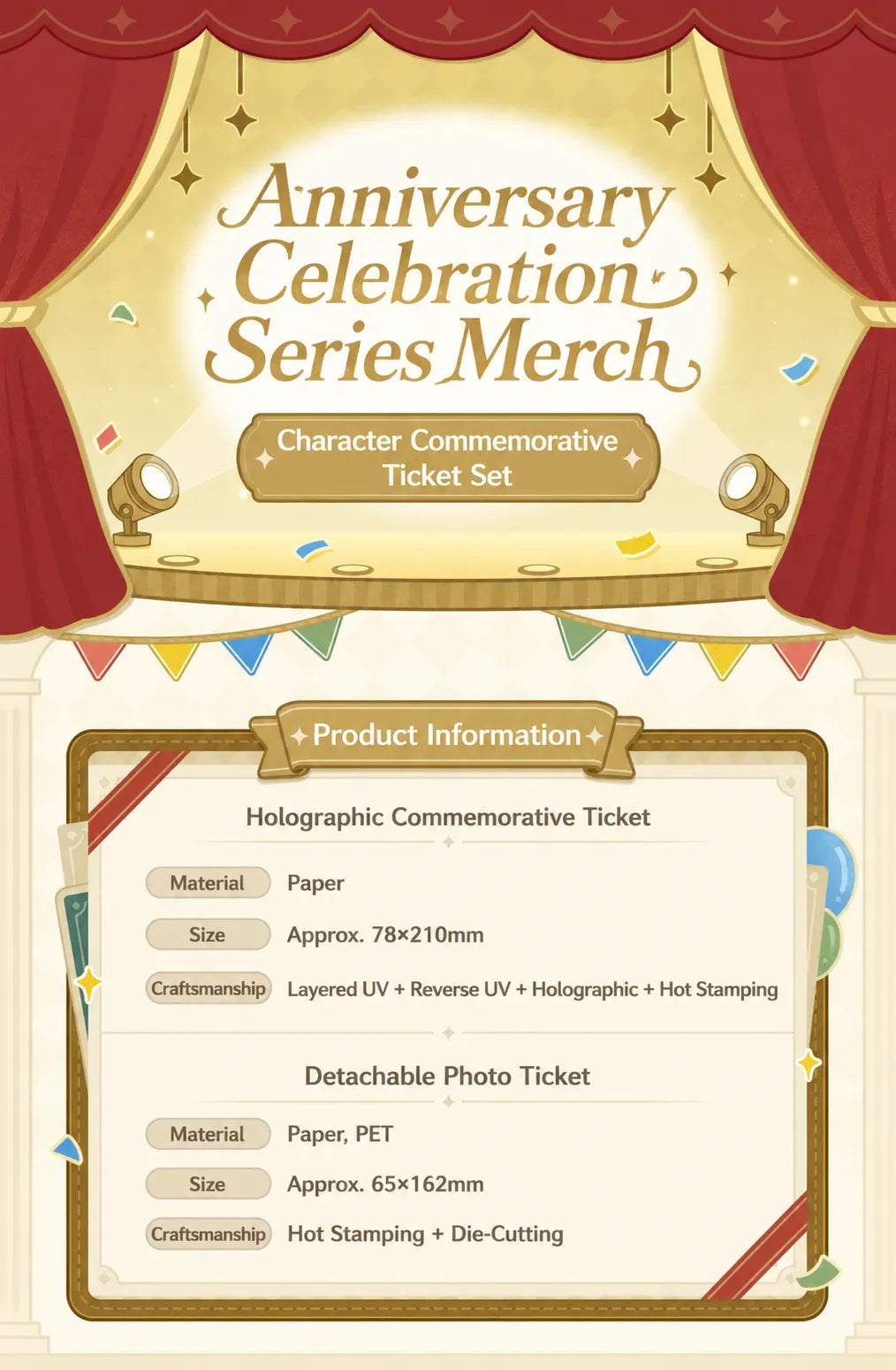 Genshin 4th Anniversary commemorative ticket set product overview with holographic ticket and detachable photo ticket designs