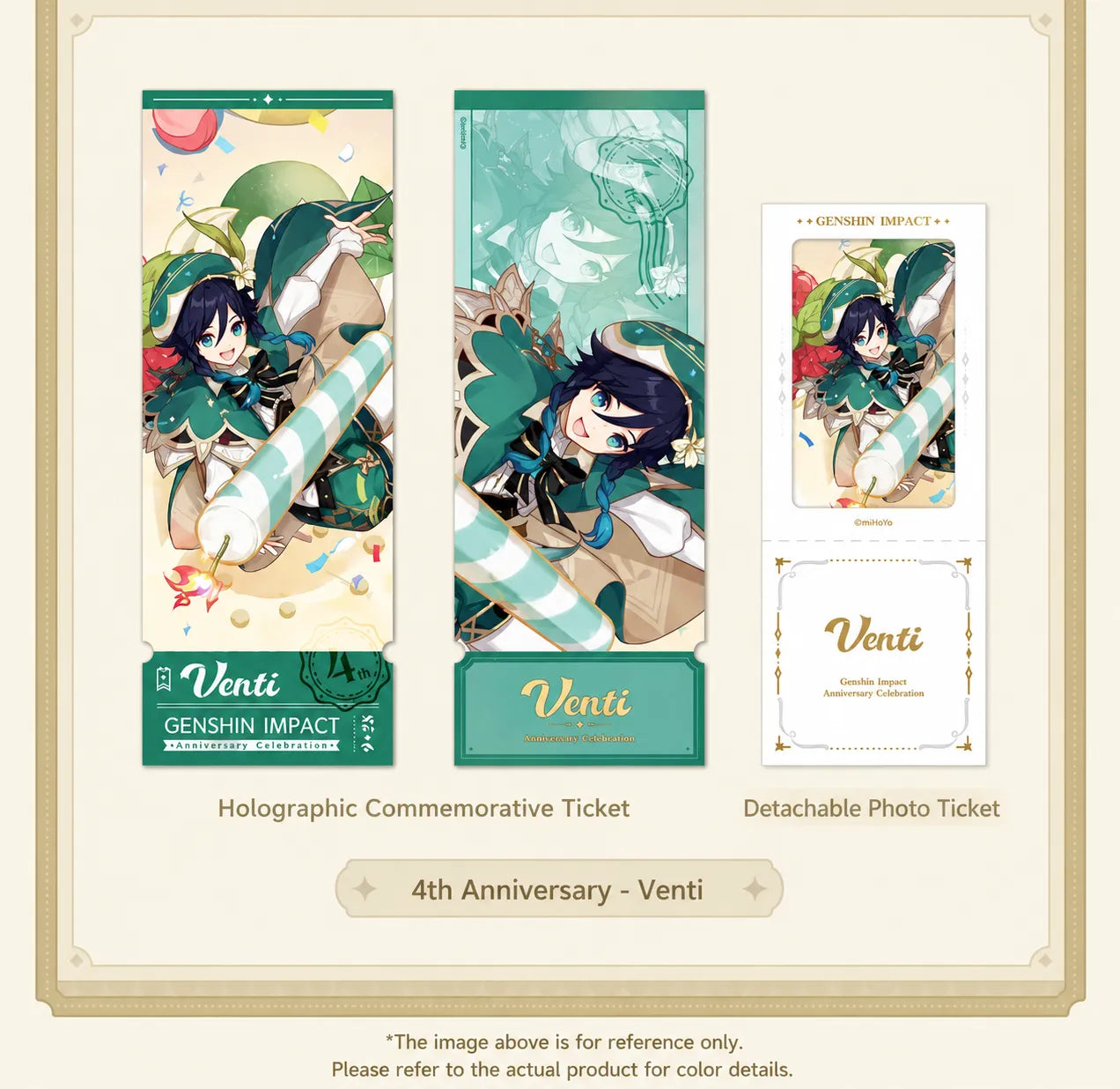 Genshin 4th Anniversary collectible ticket set display featuring Venti Zhongli Raiden Shogun Nahida Furina and Mavuika