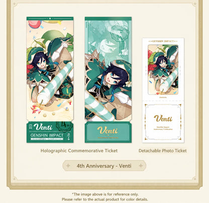 Genshin 4th Anniversary collectible ticket set display featuring Venti Zhongli Raiden Shogun Nahida Furina and Mavuika