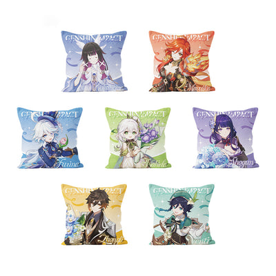 Genshin character pillow collection featuring Venti Zhongli Raiden Shogun Nahida Furina Mavuika and Columbina