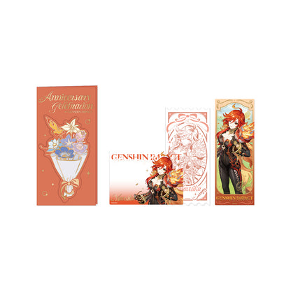 Genshin Impact 5th Anniversary Mavuika ticket card set with themed holographic ticket and photo card collection